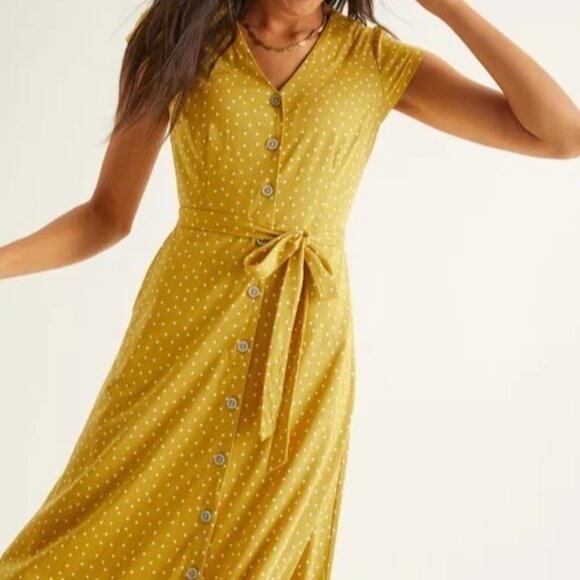 Boden Frances Jersey Midi Dress Yellow Polka Dot Tie Waist Button Front Size 16R - Picture 6 of 11